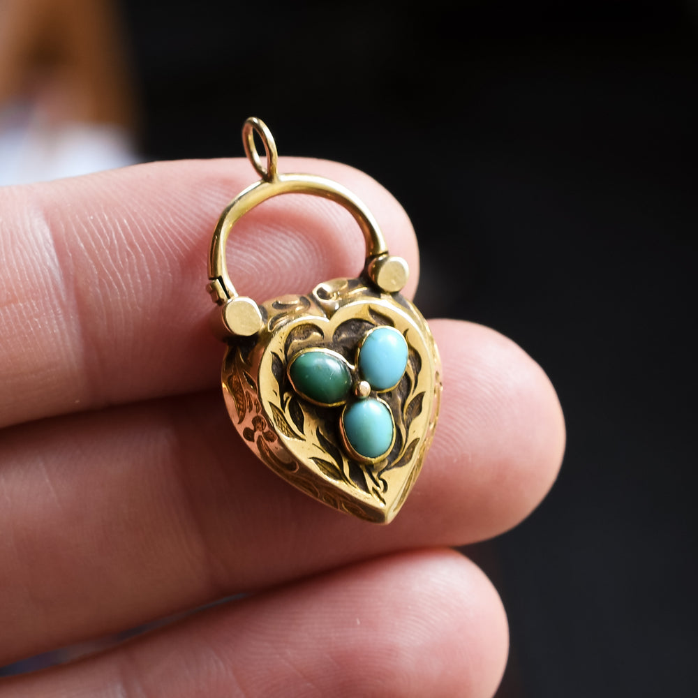 Victorian Turquoise Trefoil Heart Padlock Locket