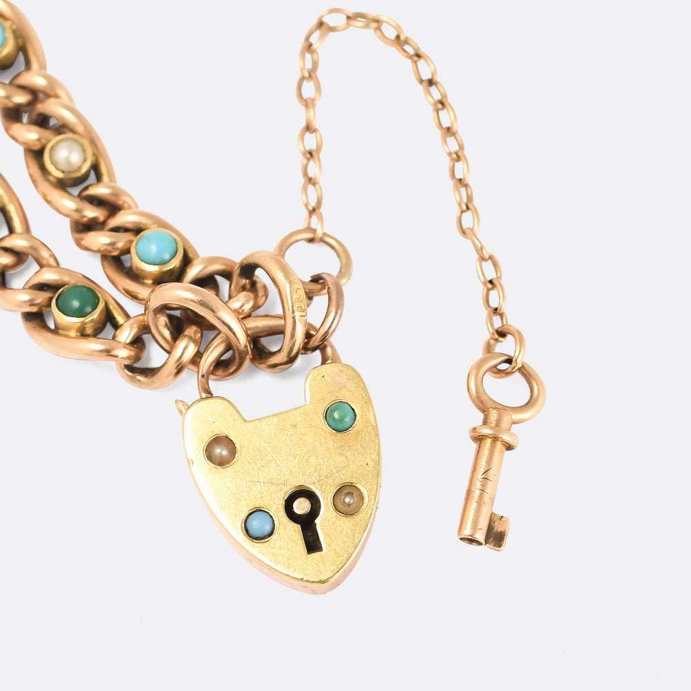 Victorian Turquoise & Pearl Curb-Link Bracelet with Heart Padlock