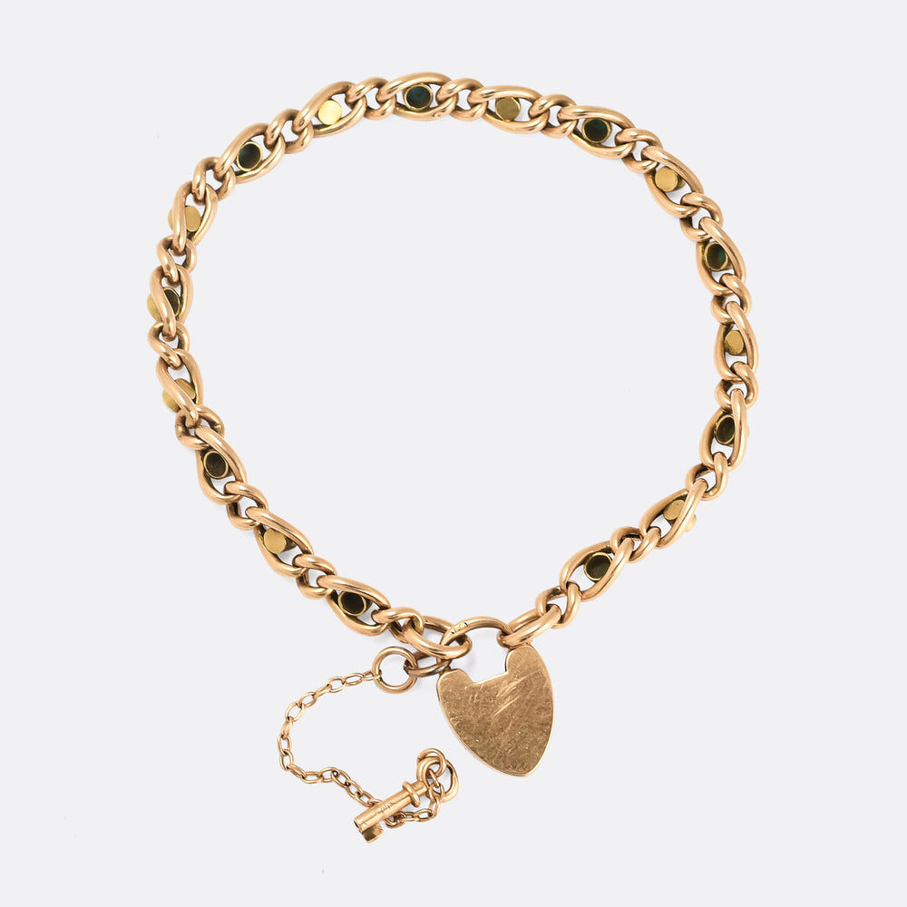 Victorian Turquoise & Pearl Curb-Link Bracelet with Heart Padlock