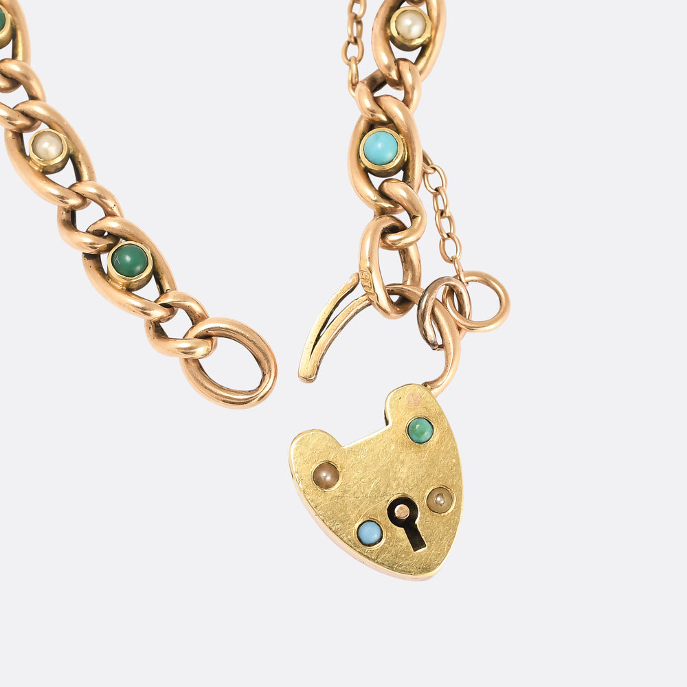 Victorian Turquoise & Pearl Curb-Link Bracelet with Heart Padlock