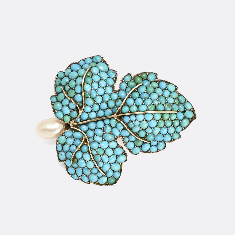 Victorian Turquoise & Pearl Fig Leaf Brooch