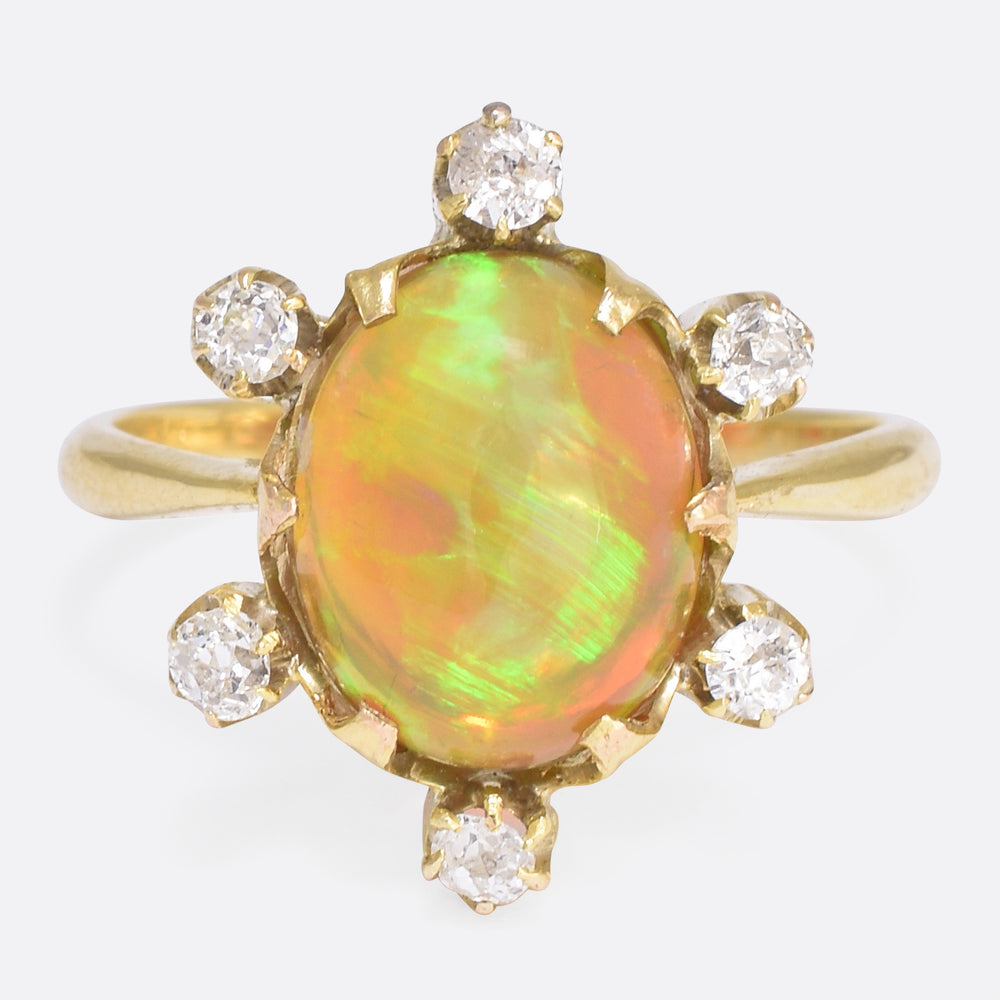 Victorian Celestial Jelly Opal & Diamond Ring