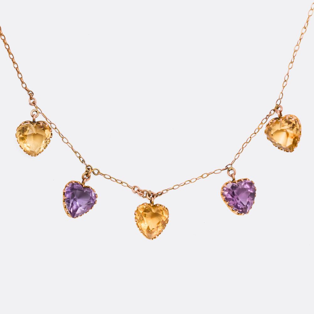 Victorian Citrine & Amethyst Heart Necklace