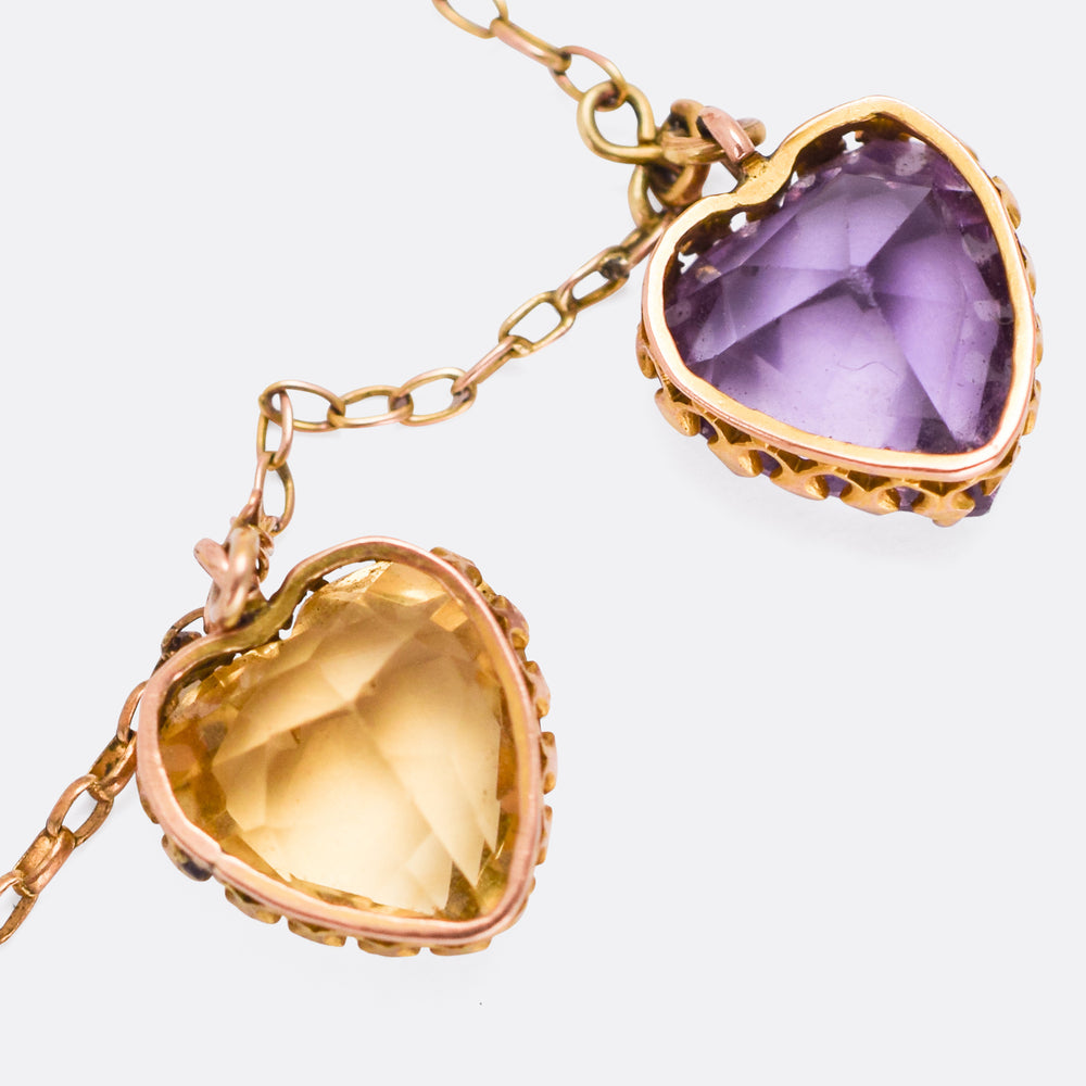 Victorian Citrine & Amethyst Heart Necklace