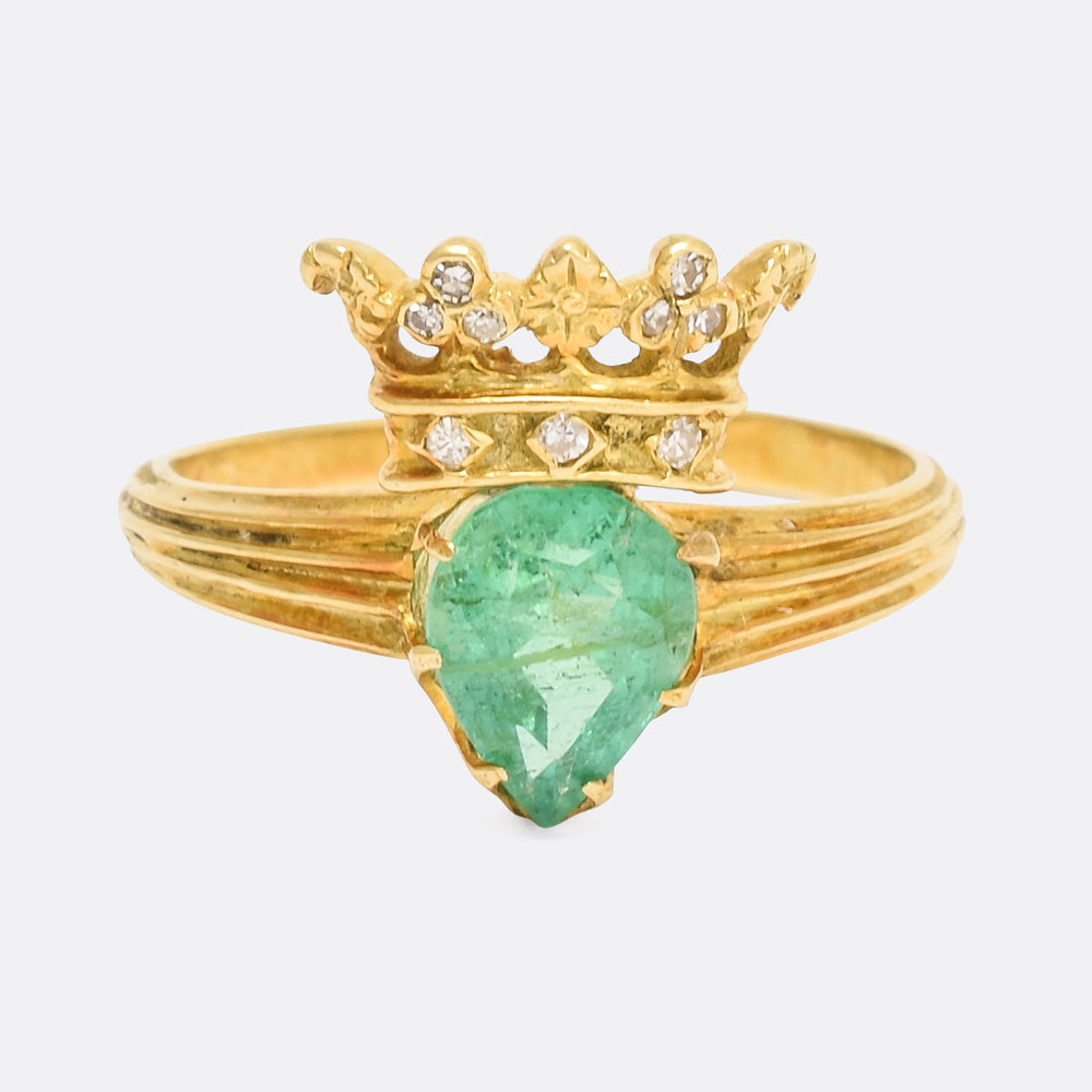 Victorian Emerald & Diamond Crowned Heart Ring