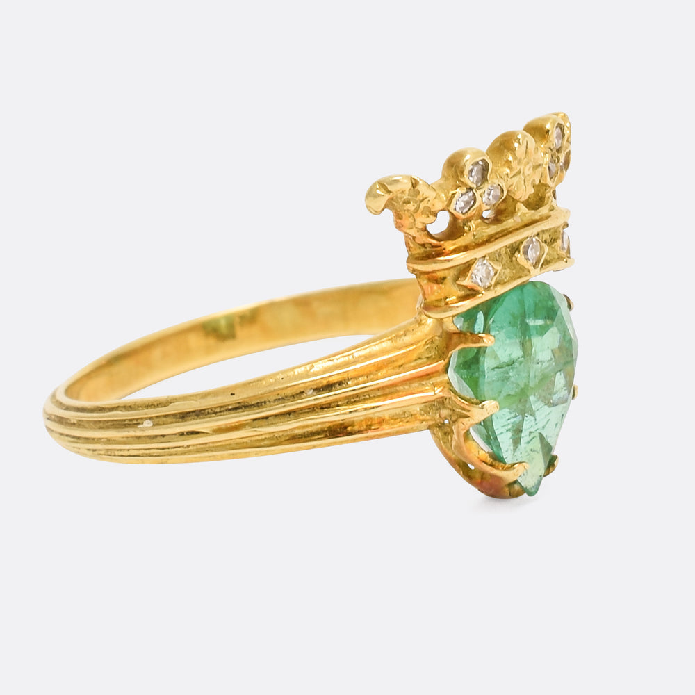 Victorian Emerald & Diamond Crowned Heart Ring