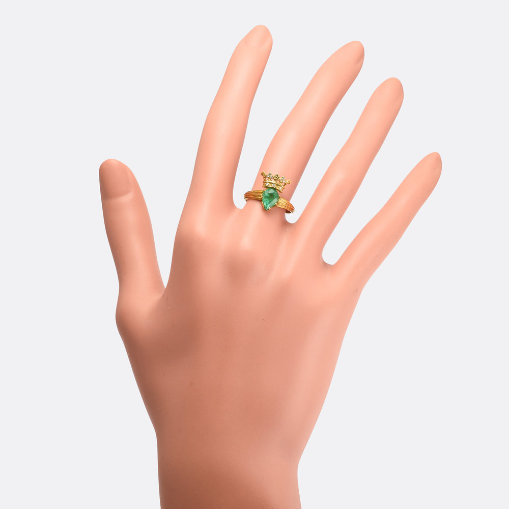 Victorian Emerald & Diamond Crowned Heart Ring