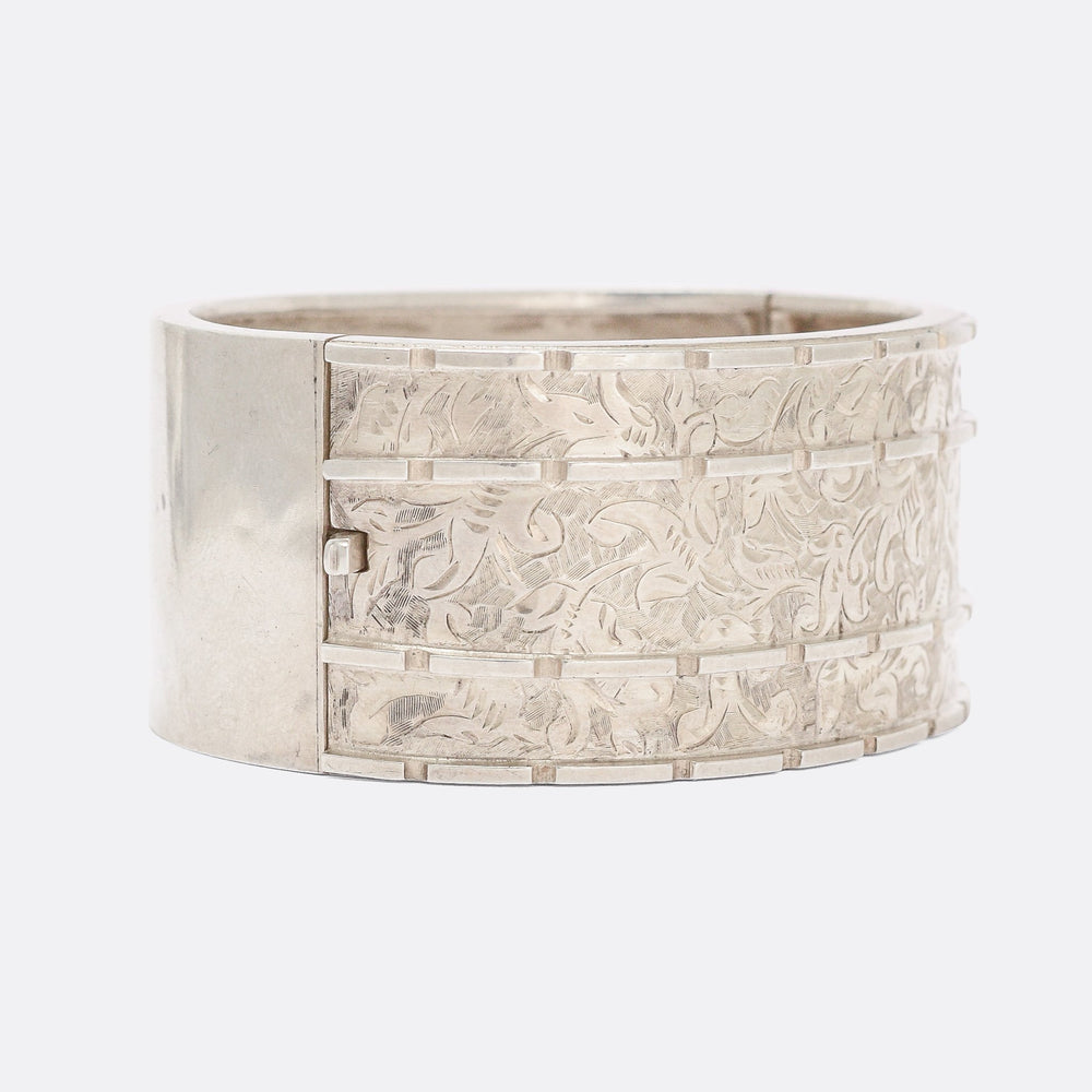 Victorian Foilate Chased Silver Cuff Bangle