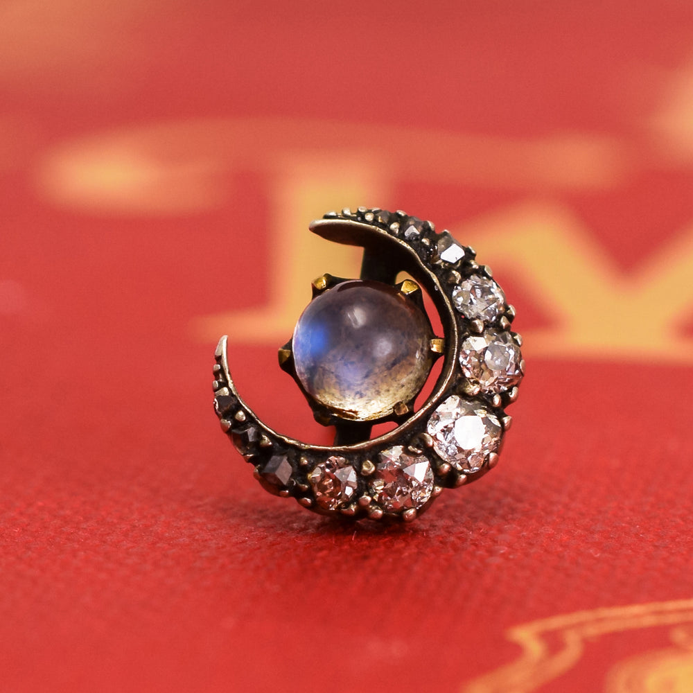 Victorian Moonstone & Diamond Crescent Stud Earring