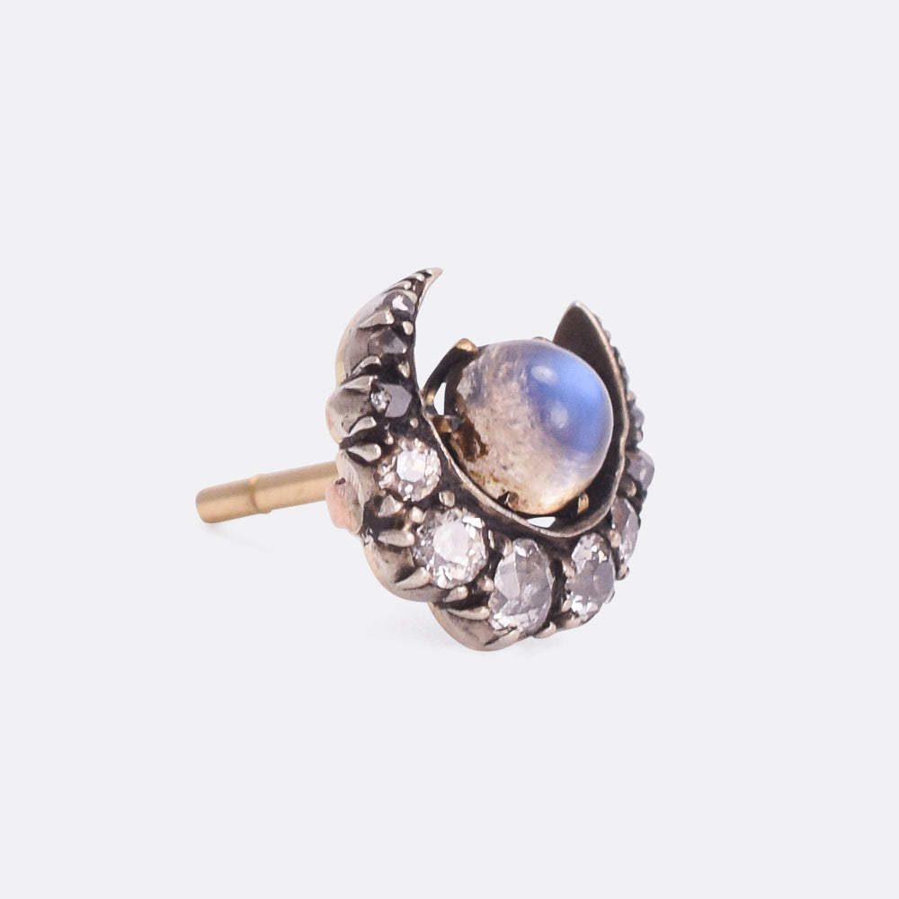 Victorian Moonstone & Diamond Crescent Stud Earring
