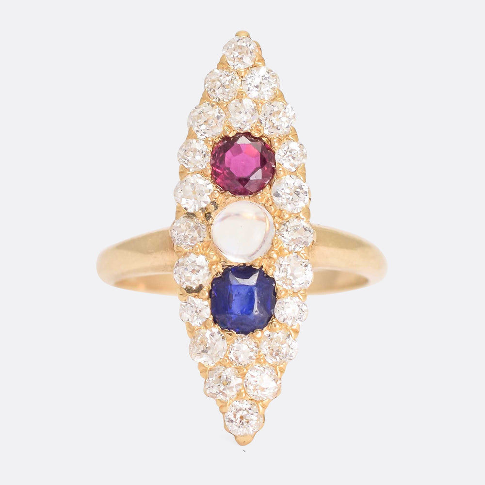 Victorian Moonstone, Ruby, Sapphire & Diamond Marquise Ring