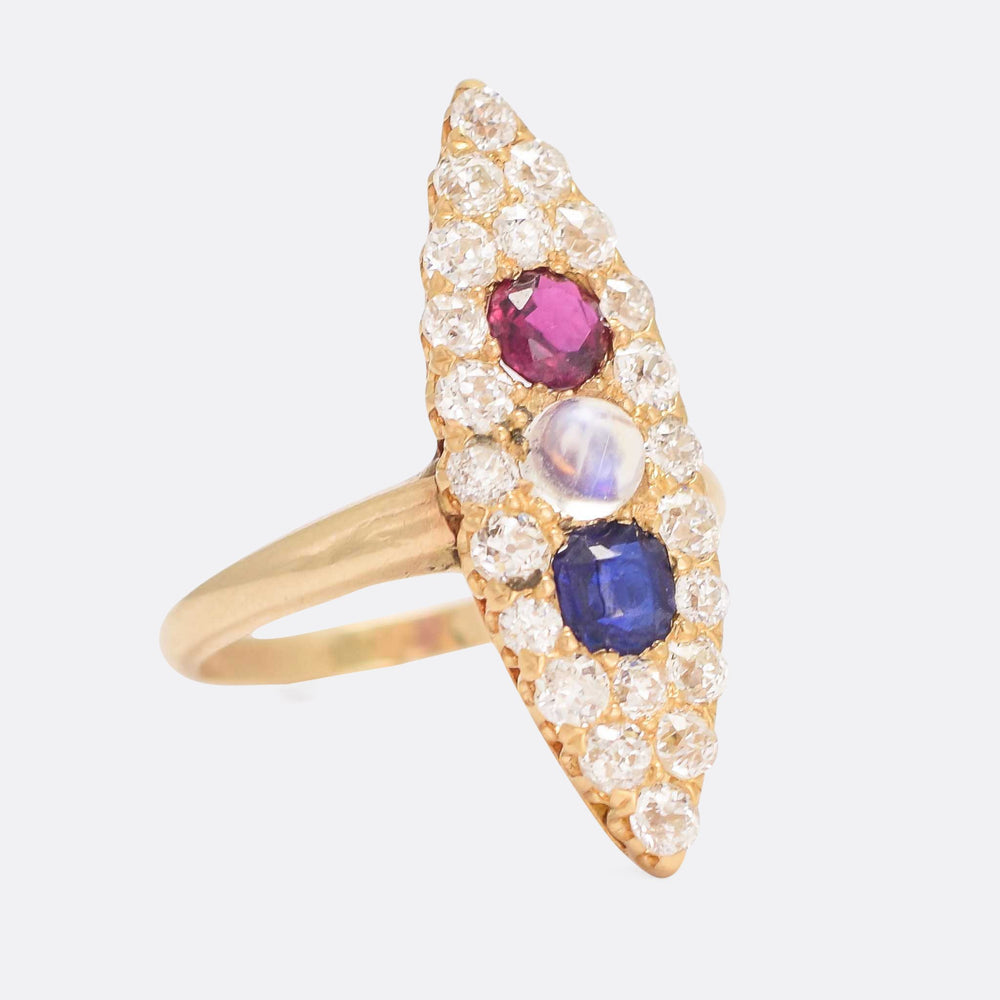 Victorian Moonstone, Ruby, Sapphire & Diamond Marquise Ring