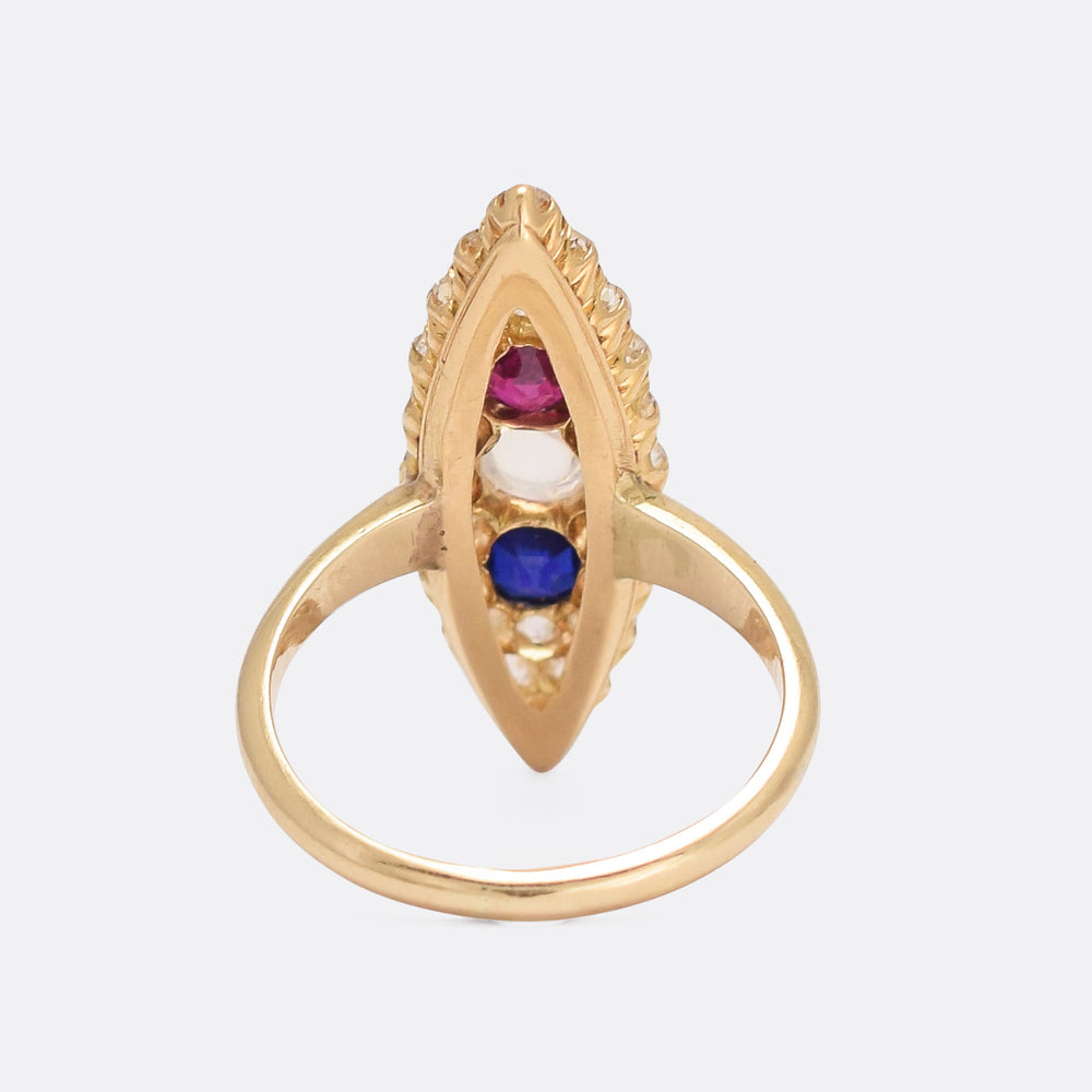 Victorian Moonstone, Ruby, Sapphire & Diamond Marquise Ring