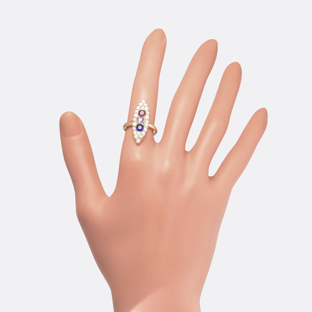 Victorian Moonstone, Ruby, Sapphire & Diamond Marquise Ring