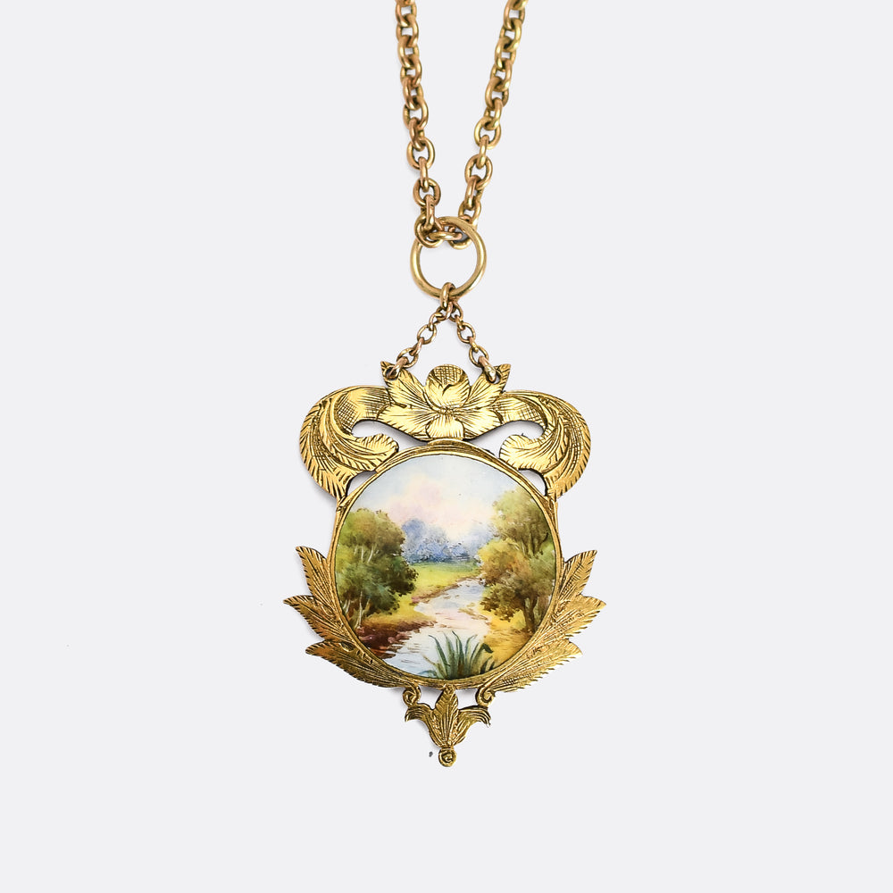 Victorian 'River Scene' Enamel Pendant