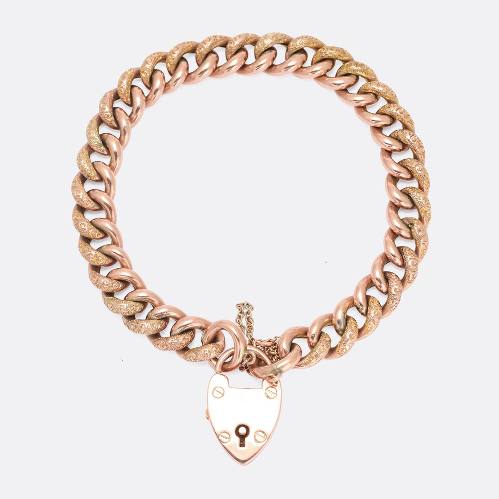 Victorian Rose Gold Curb-Link Bracelet with Heart Padlock