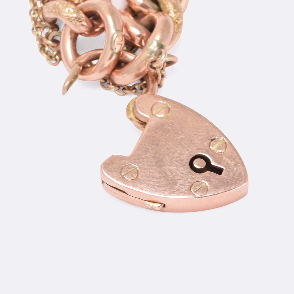 Victorian Rose Gold Curb-Link Bracelet with Heart Padlock