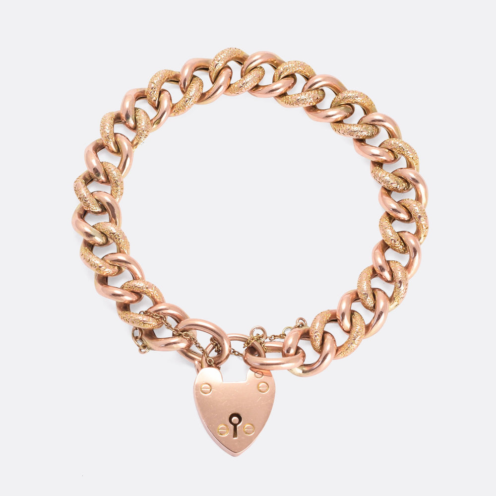 Victorian Rose Gold Curb-Link Heart Padlock Bracelet