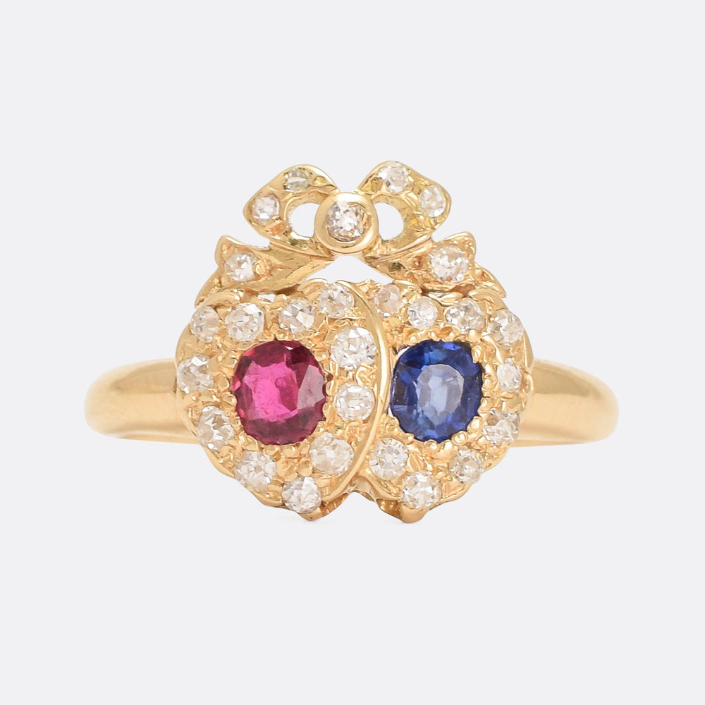 Victorian Ruby Sapphire & Diamond Bowed Double Heart Ring