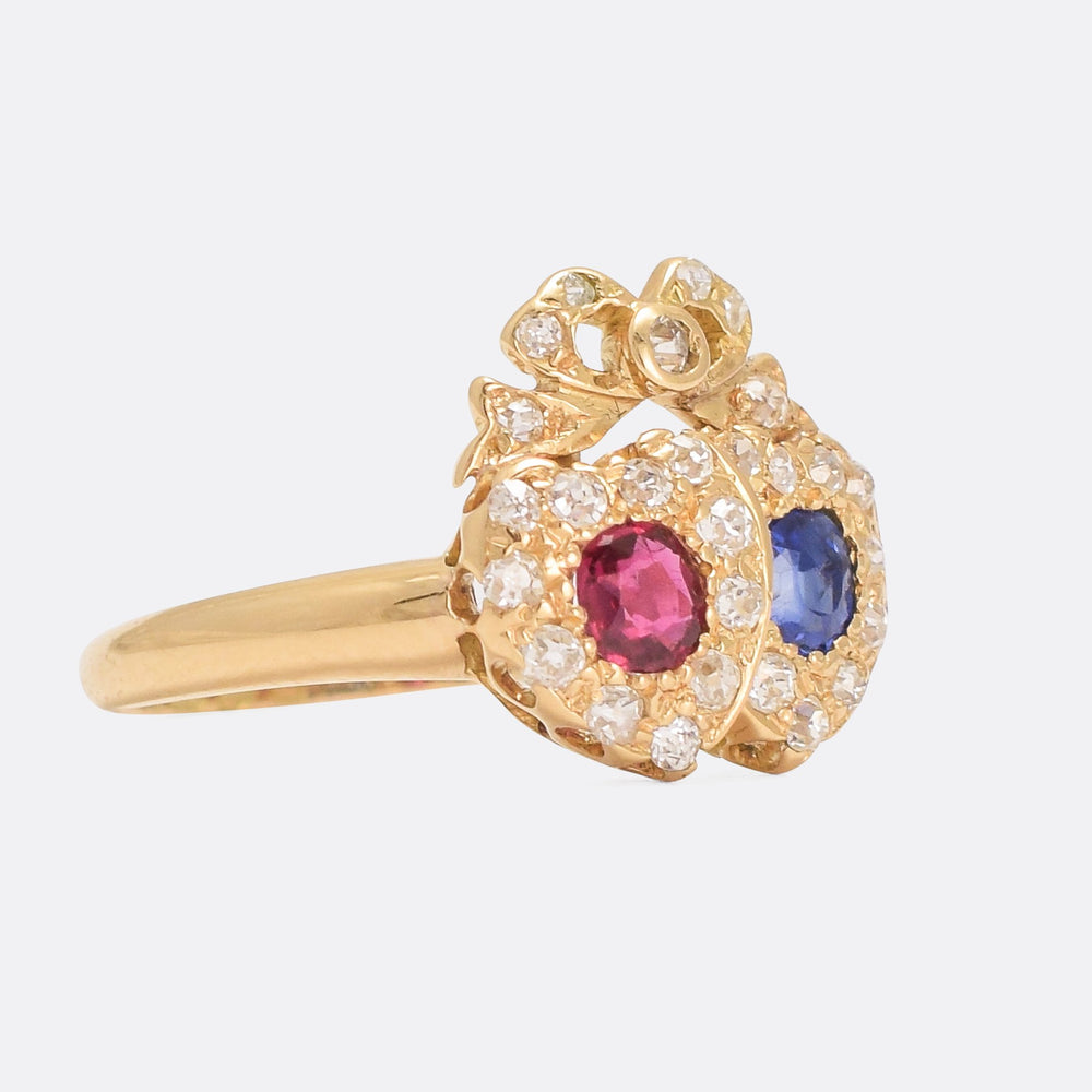 Victorian Ruby Sapphire & Diamond Bowed Double Heart Ring
