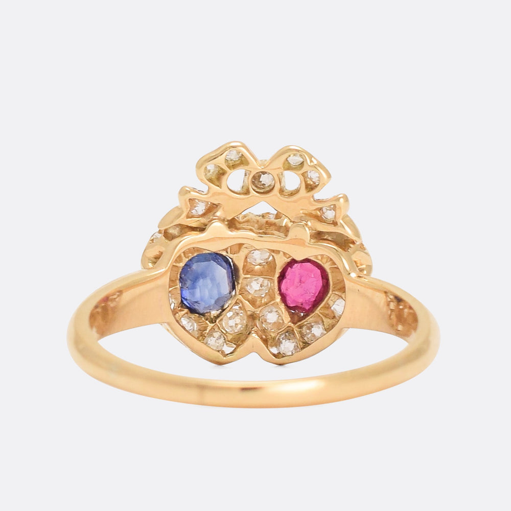 Victorian Ruby Sapphire & Diamond Bowed Double Heart Ring