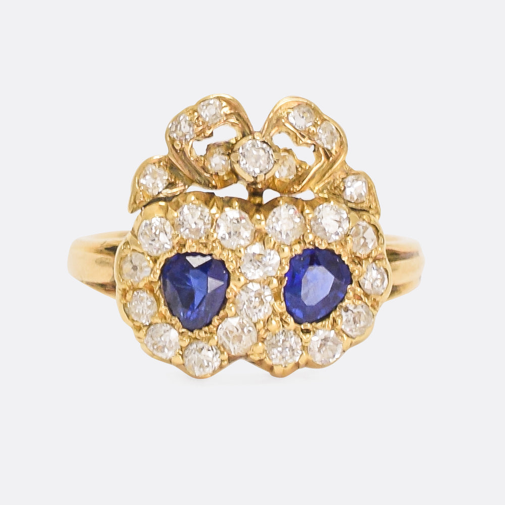 Victorian Sapphire & Diamond Bowed Double Heart Ring