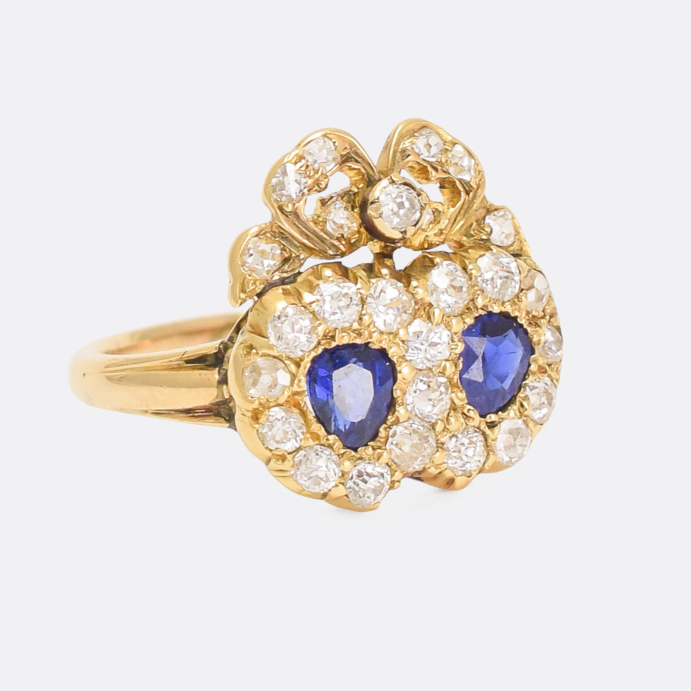 Victorian Sapphire & Diamond Bowed Double Heart Ring