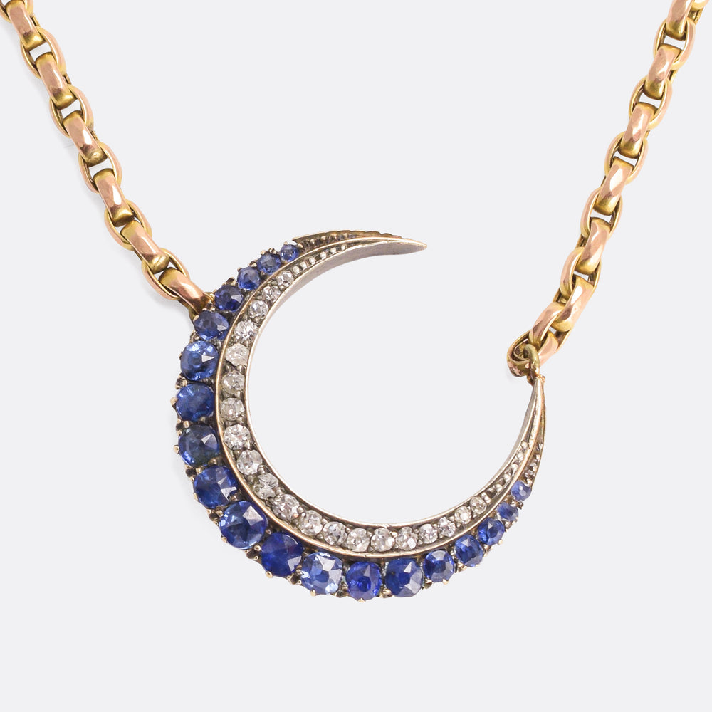Victorian Sapphire & Diamond Crescent Moon Necklace