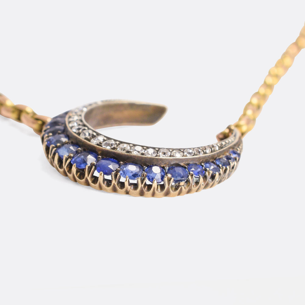 Victorian Sapphire & Diamond Crescent Moon Necklace