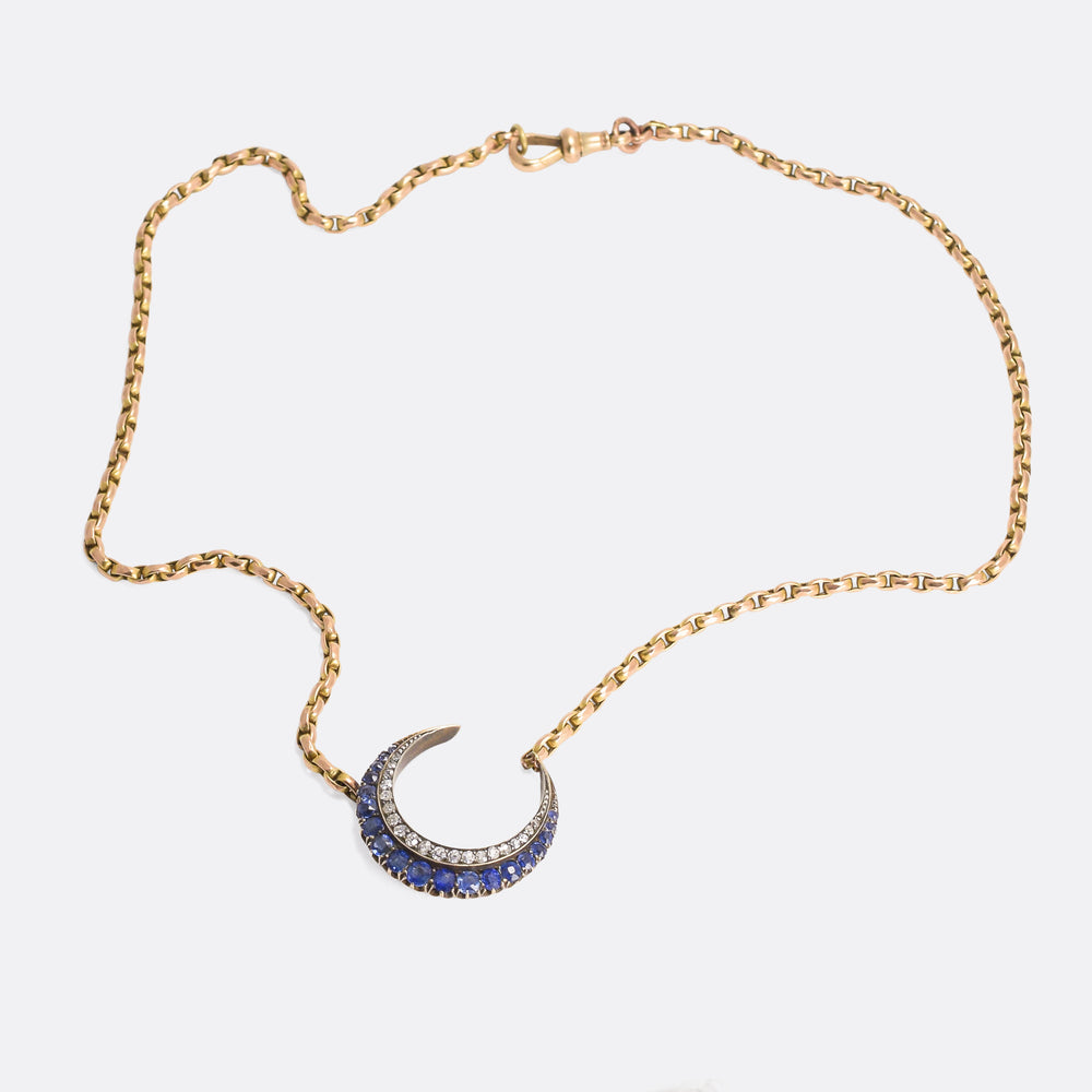Victorian Sapphire & Diamond Crescent Moon Necklace