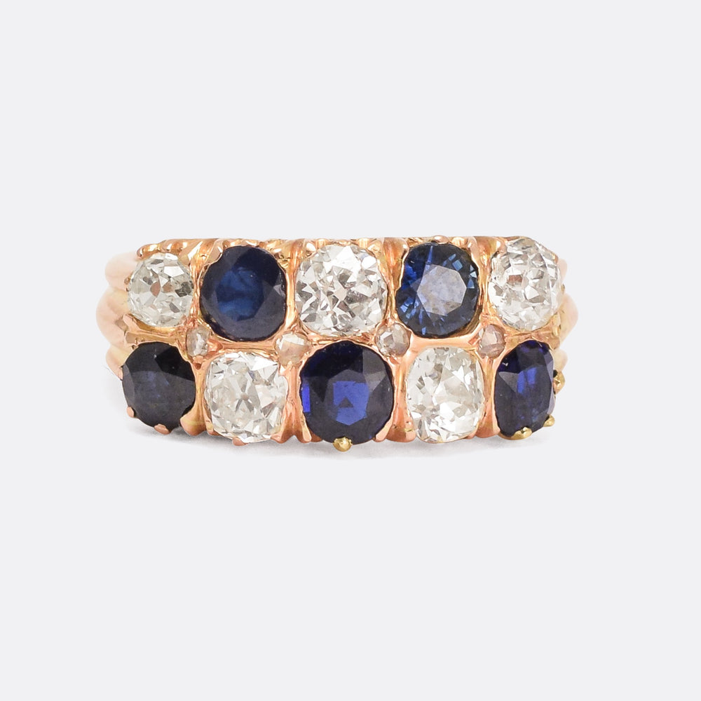 Victorian Sapphire & Diamond Rose Gold Chequerboard Ring
