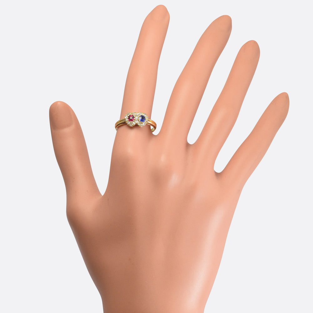 Victorian Sapphire & Ruby Double Heart Ring