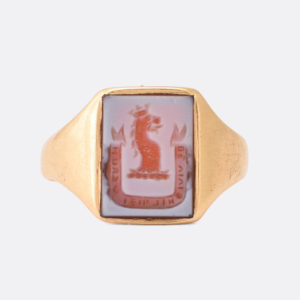 Victorian Sardonyx Crowned Lion Intaglio Signet Ring