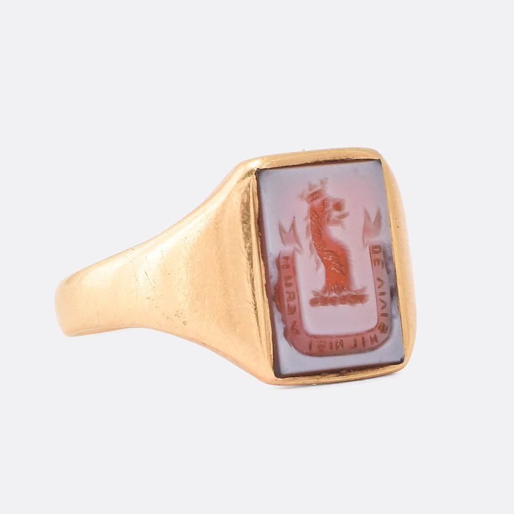 Victorian Sardonyx Crowned Lion Intaglio Signet Ring