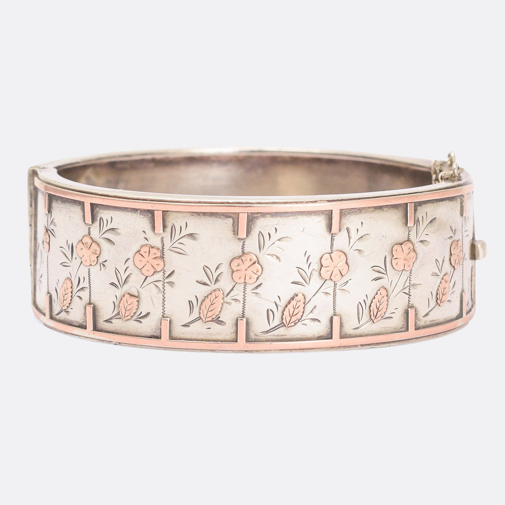 Victorian Silver Cuff Bangle with Rose Gold Inlay
