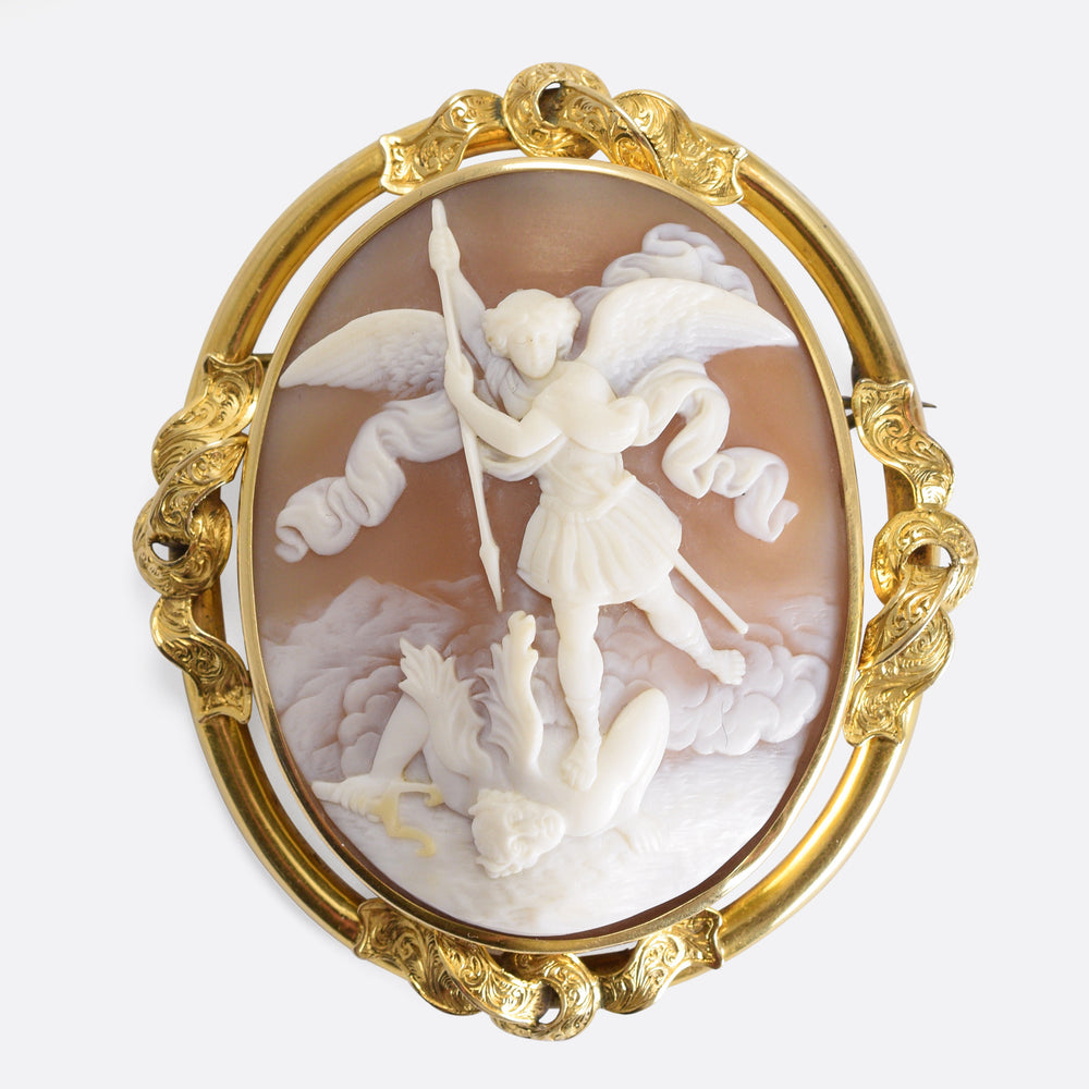 Victorian St. Michael Vanquishing Satan Shell Cameo Brooch