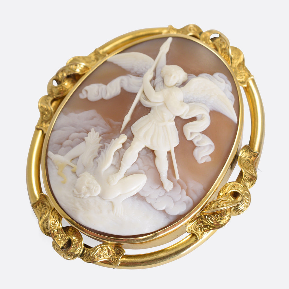 Victorian St. Michael Vanquishing Satan Shell Cameo Brooch