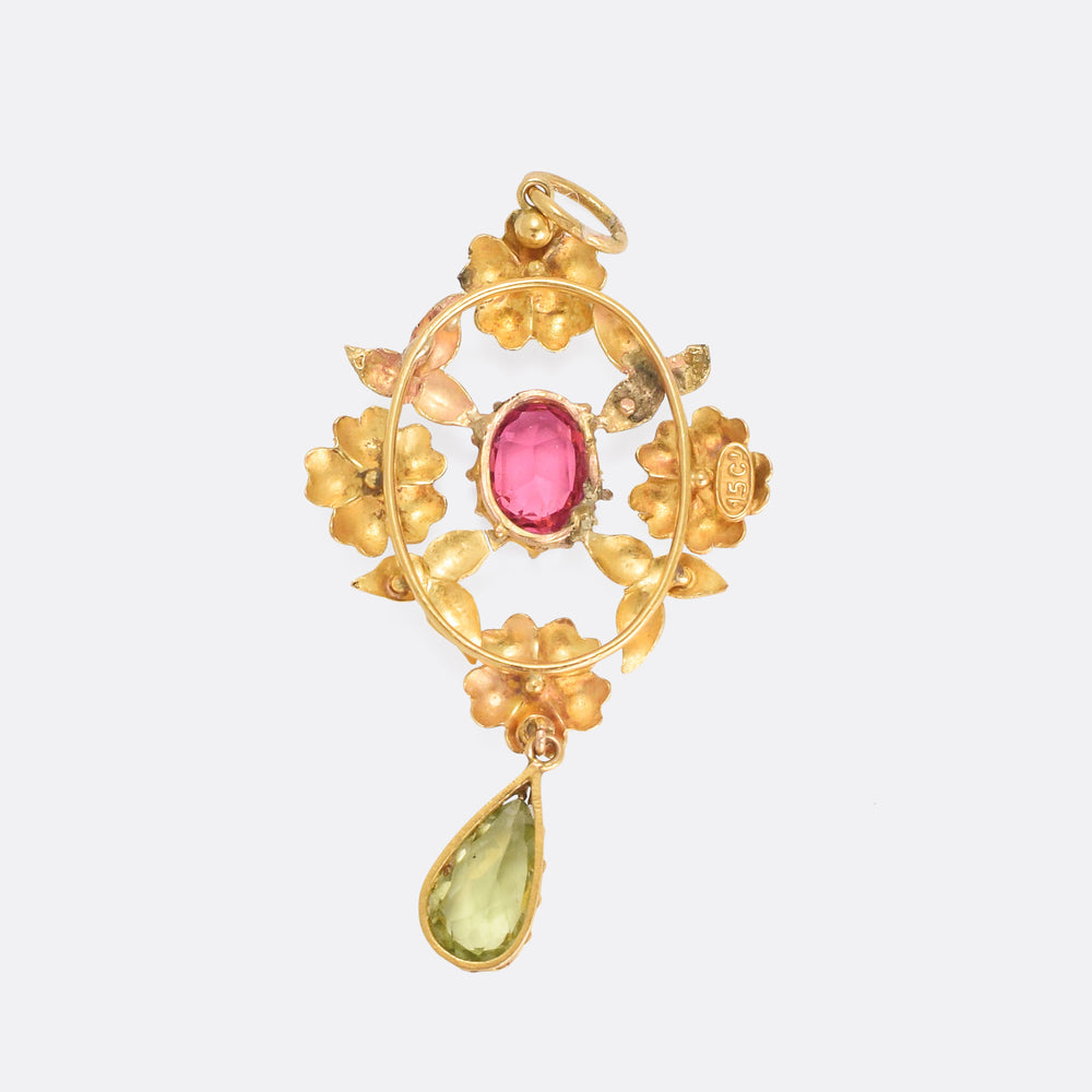 Victorian Tourmaline & Peridot Flower Pendant