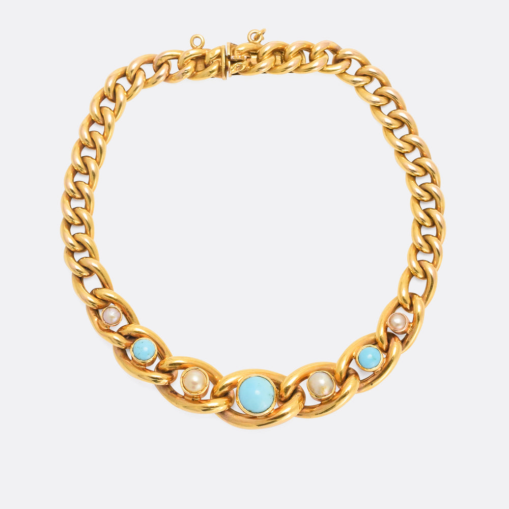Victorian Turquoise & Pearl Curb-Link Bracelet