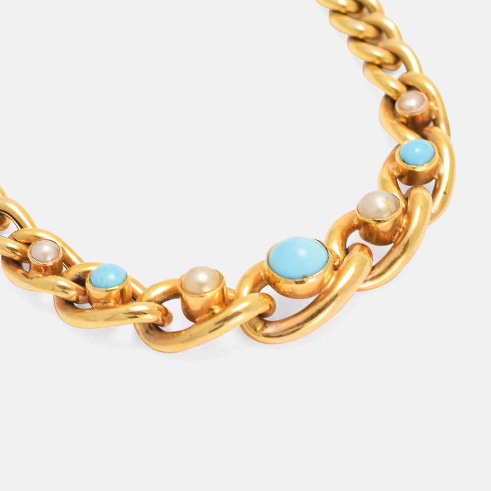 Victorian Turquoise & Pearl Curb-Link Bracelet