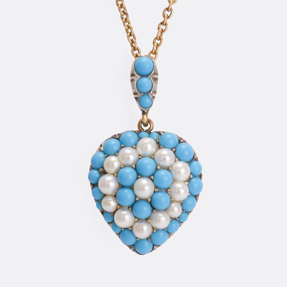 Victorian Turquoise & Pearl Pavé Heart Pendant