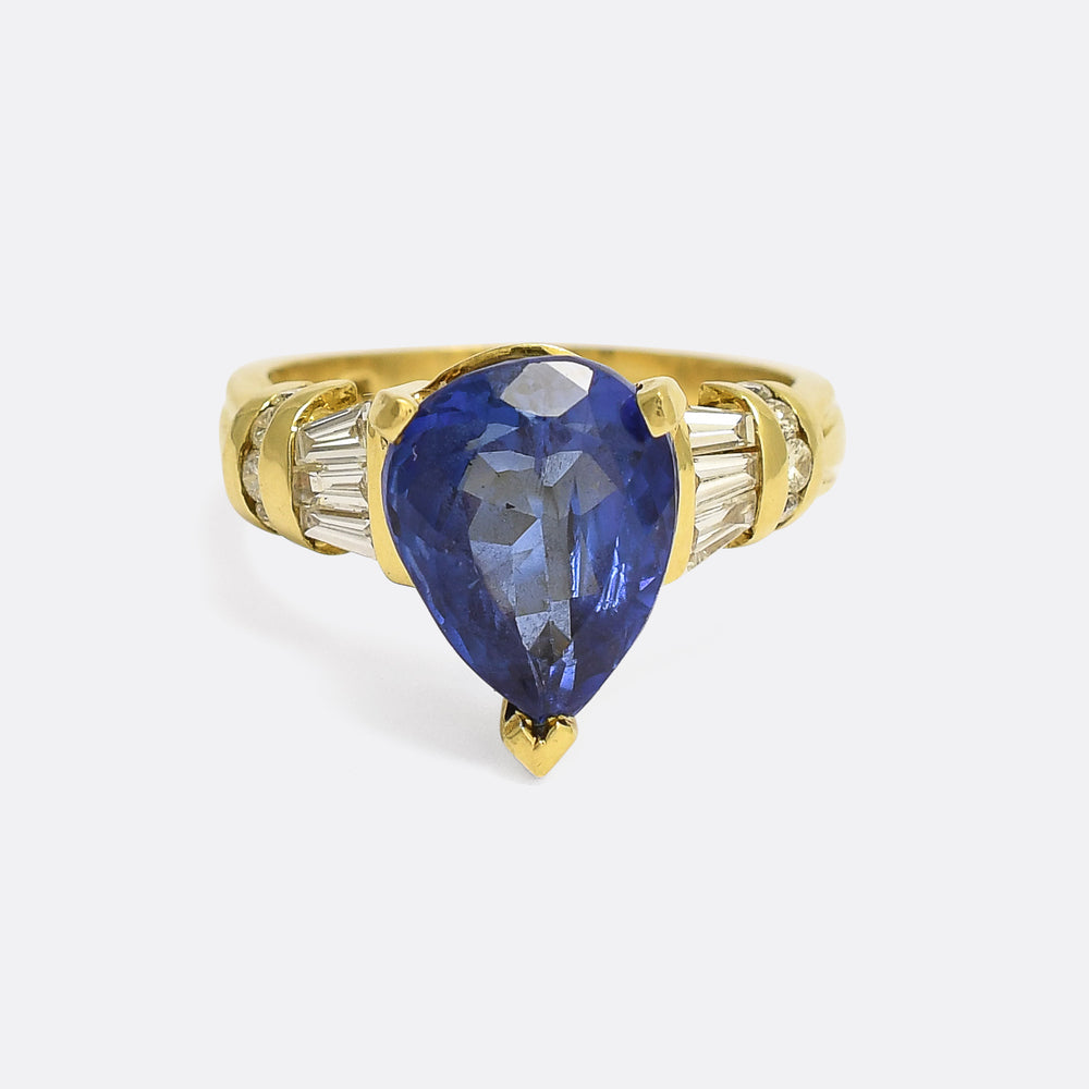 Vintage 4.85ct Pear Cut Tanzanite & Diamond Solitaire Ring