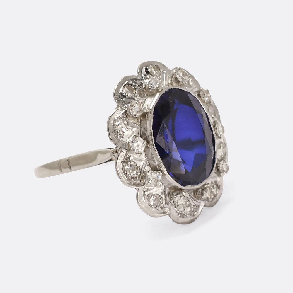 Vintage 5.4ct Sapphire & Diamond Flower Cluster Ring