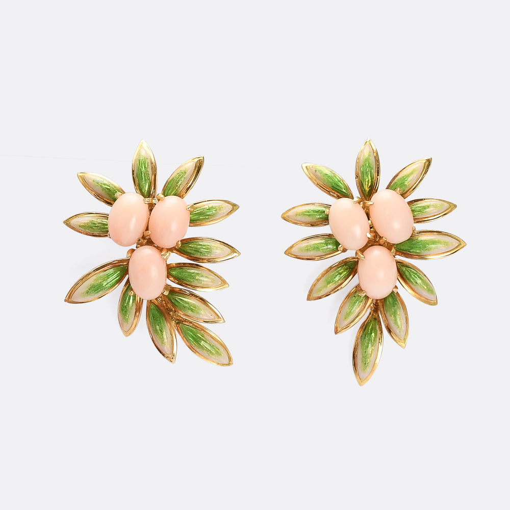 Vintage Coral & Enamel Foliate Earrings