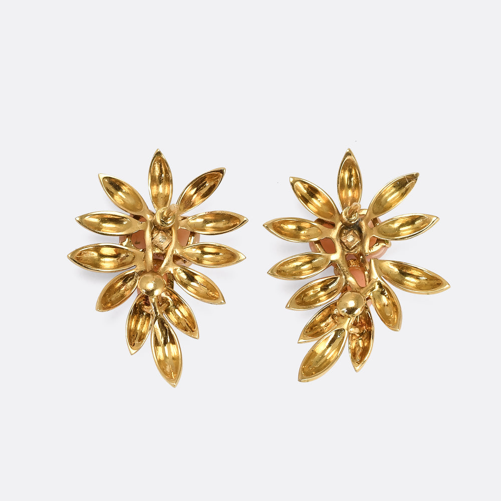Vintage Coral & Enamel Foliate Earrings