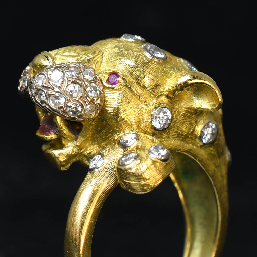 Vintage Diamond & Ruby 18k Gold Leopard Ring