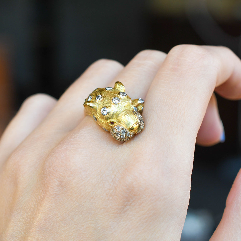 Vintage Diamond & Ruby 18k Gold Leopard Ring