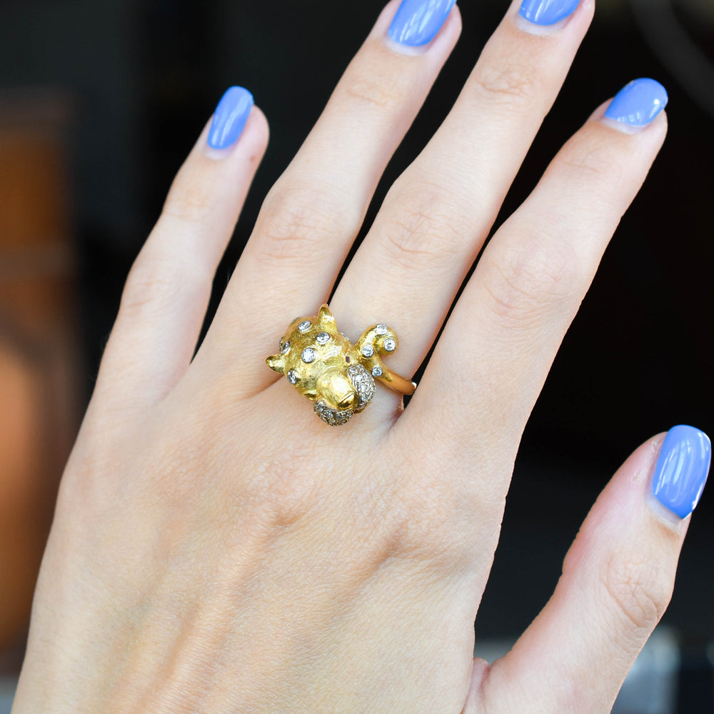 Vintage Diamond & Ruby 18k Gold Leopard Ring