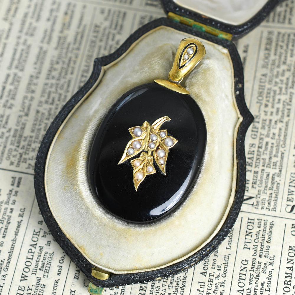 Victorian Pearl Ivy Leaf & Onyx Locket