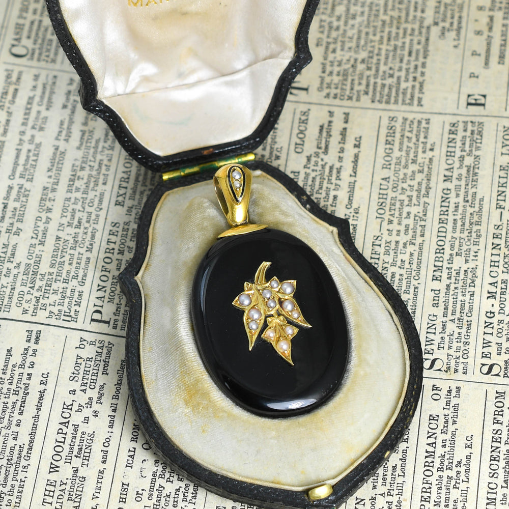 Victorian Pearl Ivy Leaf & Onyx Locket